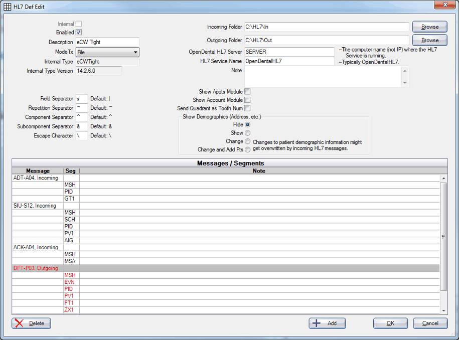 hl7 message definition edit double dental structure