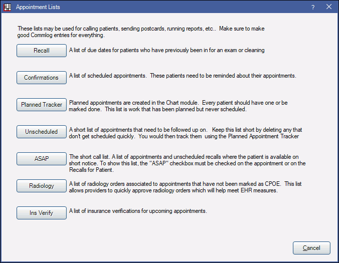 Open Dental Software Appointment Lists