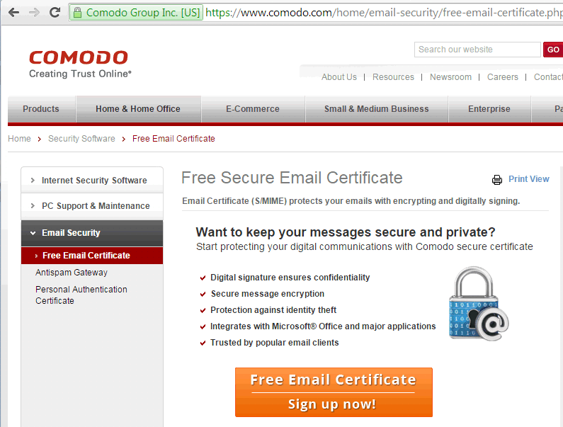 comodo free email certificate
