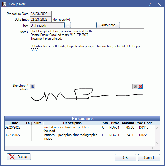 Open Dental Software Procedure Group Note