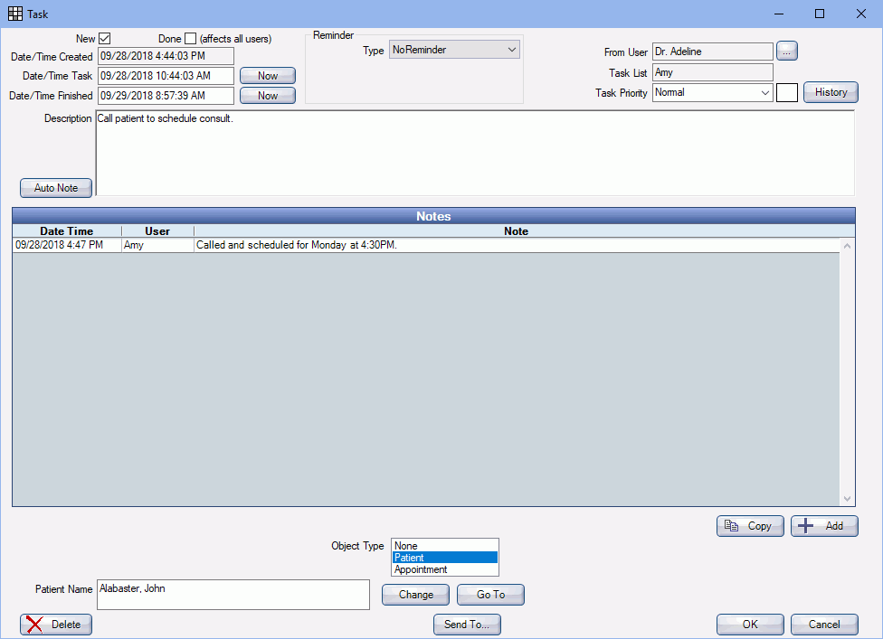 Open Dental Software Task Window